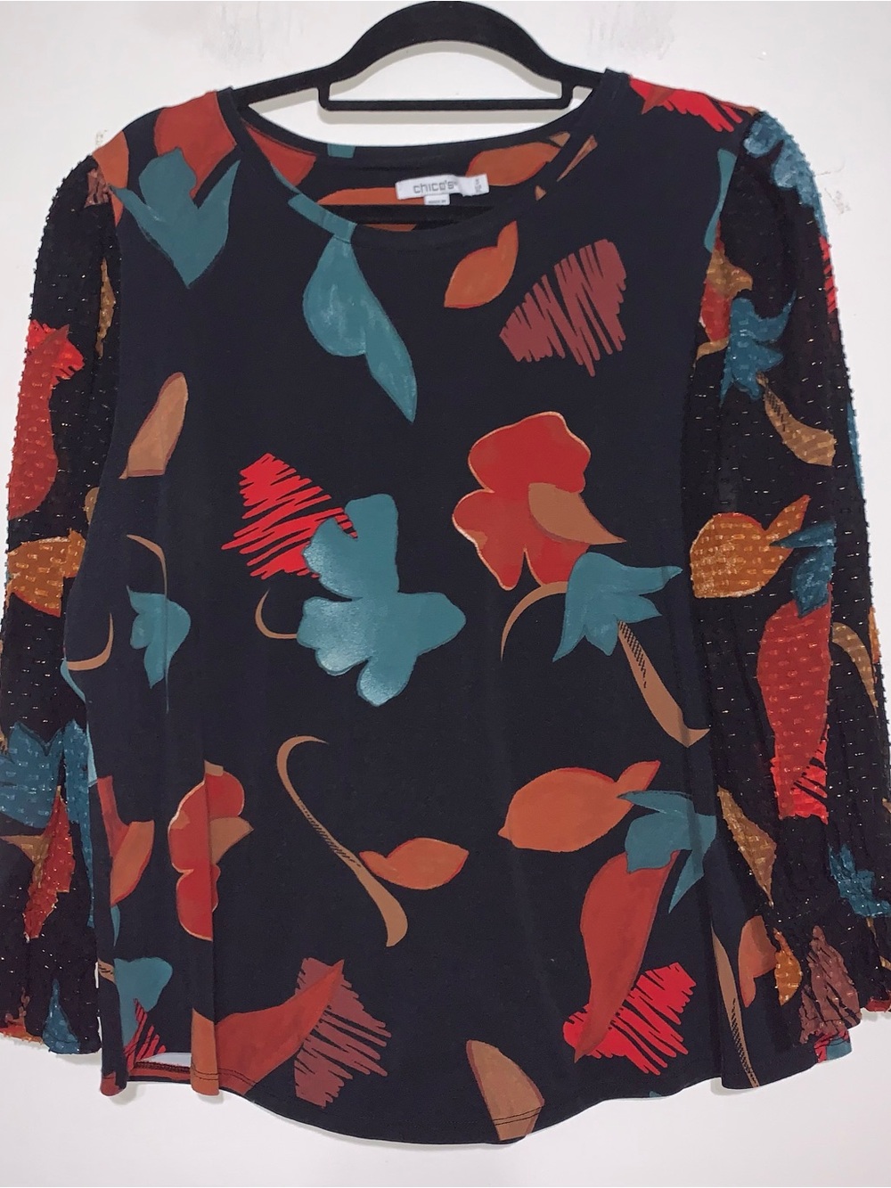 Chico's Black Floral Print Long Sleeve Blouse with Teal and Rust Accents Size 3